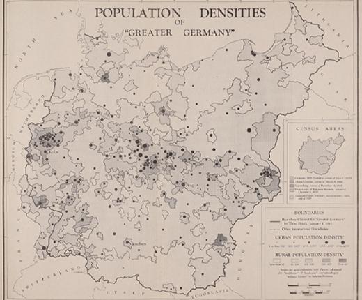 A map of Germany produced in 1943 titled Population Densities of Greater Germany.