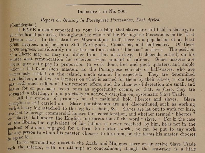 A section of a page of typed text titled Inclosure 1 in No. 300. Report on Slavery in Portuguese Possessions, East Africa.