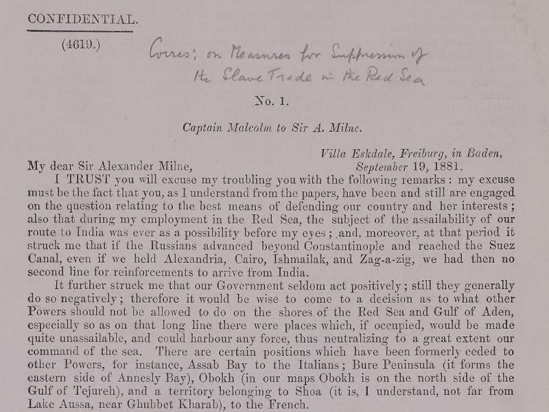 Section of a typed letter from Captain Malcolm to Sir A. Milne, dated September 19, 1881, and marked Confidential.