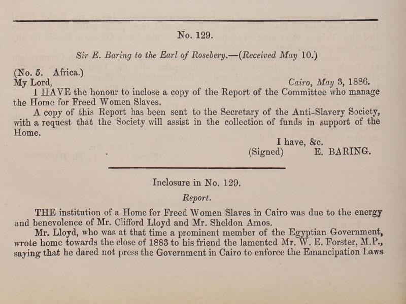 A typed letter from Sir E. Baring to the Earl of Rosebery dated May 3, 1886, and titled No. 129, with an enclosure below titled Report.
