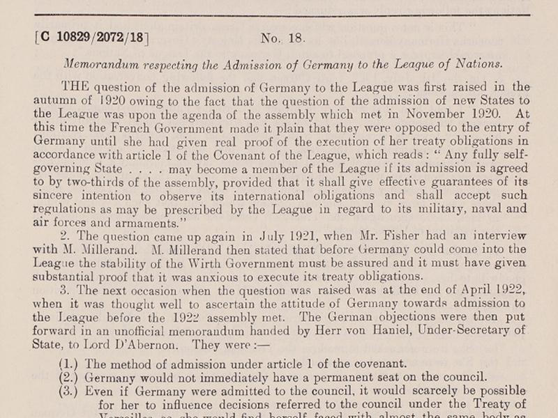 Section of a document titled Memorandum respecting the Admission of Germany to the League of Nations.