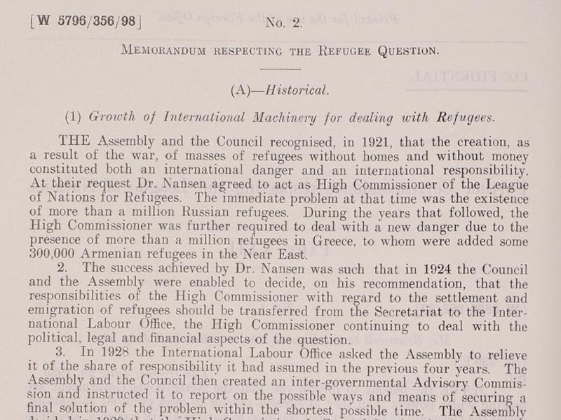 Section of a document titled Memorandum Respecting the Refugee Question.