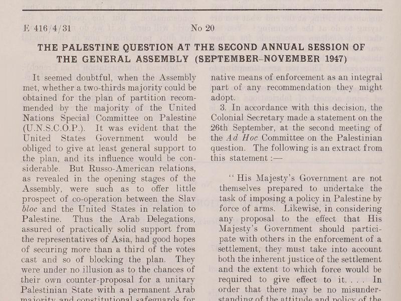 Section of a document titled The Palestine Question at the Second Annual Session of the General Assembly (September–November 1947).