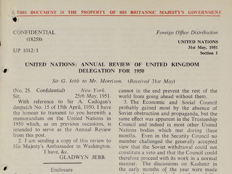 Section of a confidential document titled United Nations: Annual Review of United Kingdom Delegation for 1950, dated 31 May 1951.