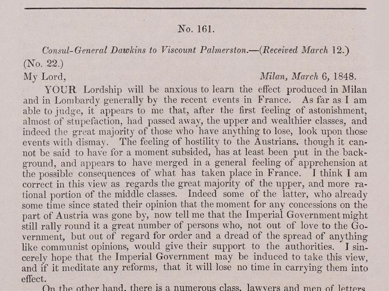 Section of a letter from Consul-General Dawkins to Viscount Palmerston sent on 6 March 1848 and received 12 March.