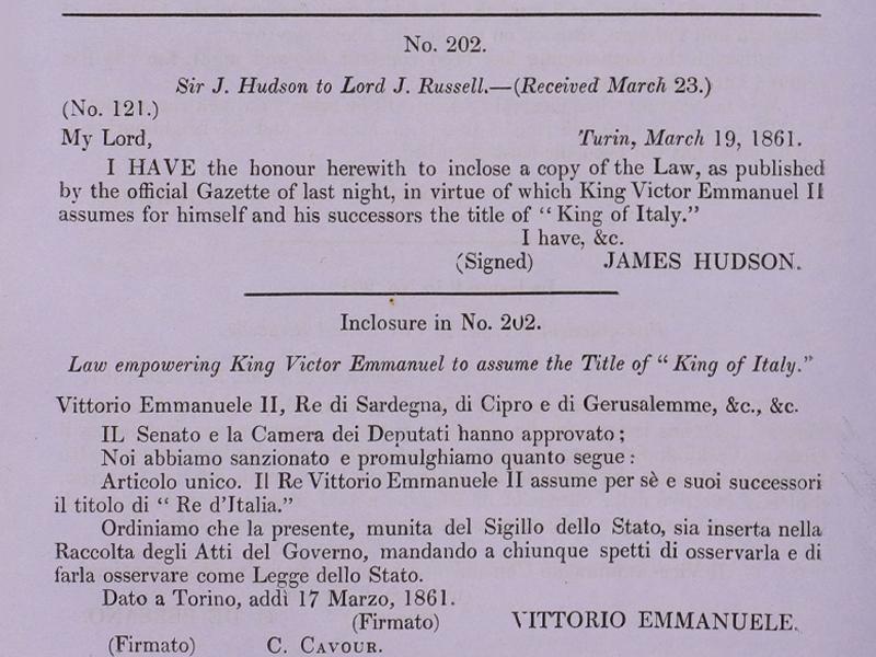 Letter from Sir J. Hudson to Lord J. Russell sent on 19 March 1861 and received 23 March, with a section of an enclosure titled Law empowering King Victor Emmanuel to assume the Title of King of Italy.