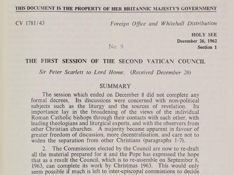 Section of a document titled The First Session of the Second Vatican Council, produced 26 December 1962.