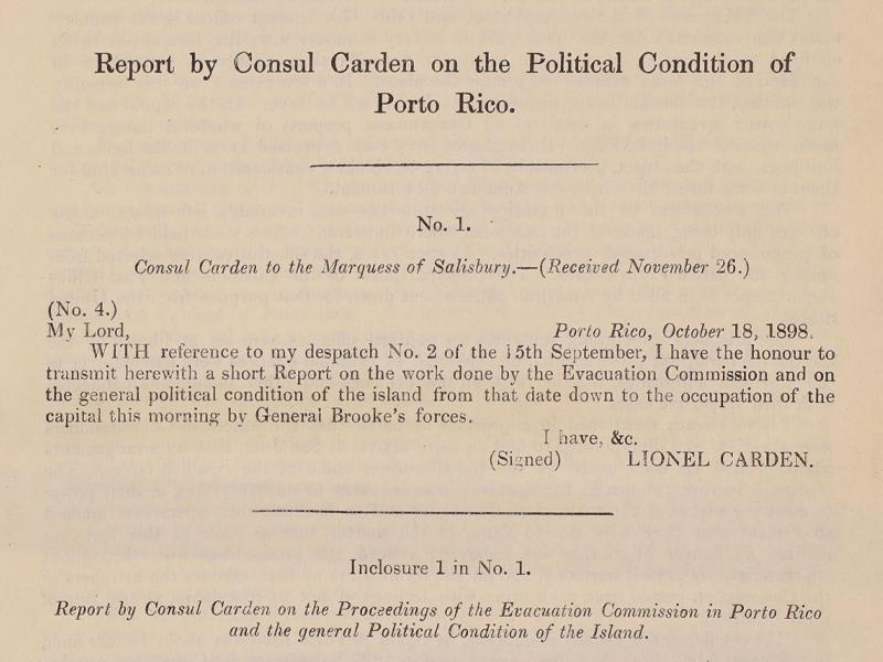 Section of a document titled Report by Consul Carden on the Political Condition of Porto Rico.