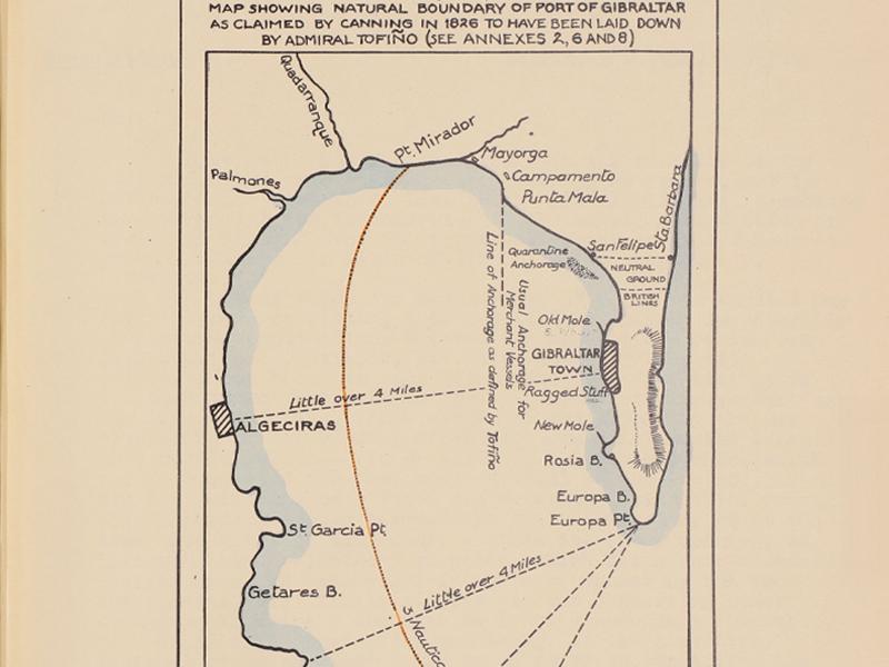 Section of a map titled Map showing natural boundary of port of Gibraltar as claimed by Canning in 1826 to have been laid down by Admiral Tofiño.