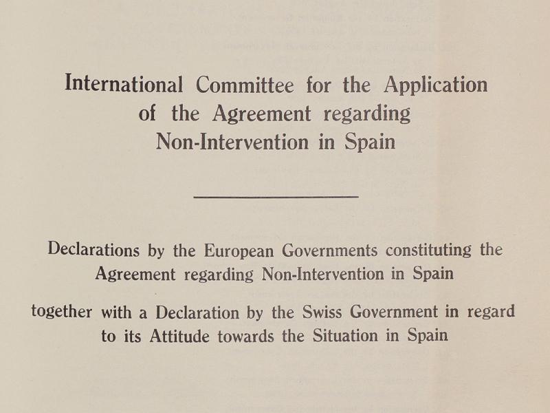 Title page of a document titled International Committee for the Application of the Agreement regarding Non-Intervention in Spain.