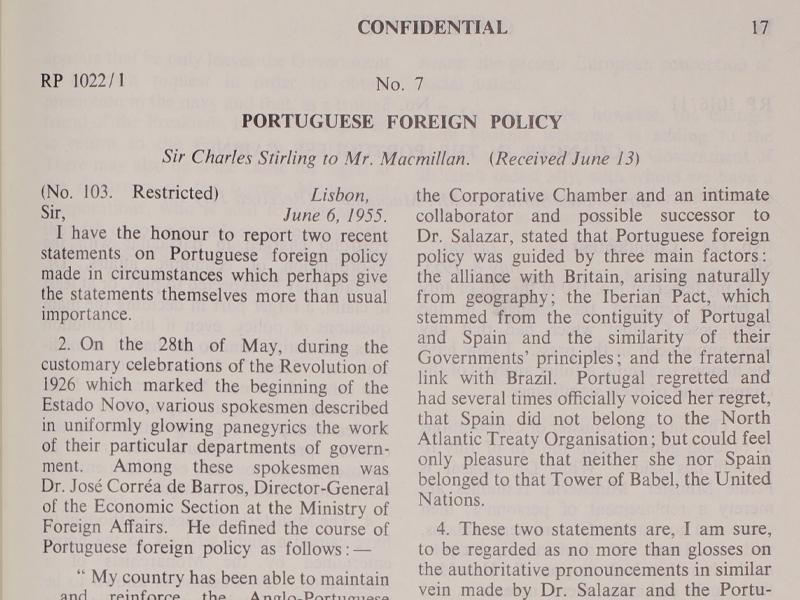 Section of a document titled Portuguese Foreign Policy, sent from Sir Charles Stirling to Mr. Macmillan on 6 June 1955, and received 13 June.