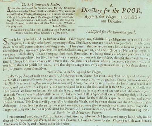 Section of a broadsheet titled A Directory for the Poor Against the Plague, and Infectious Diseases.