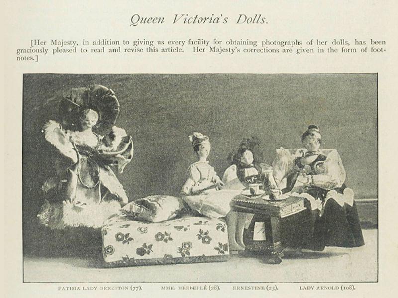 An illustration of four dolls, three posed at a table and one standing, titled Queen Victoria's Dolls.