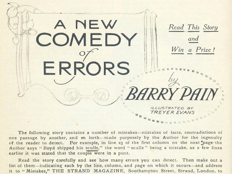 Section of an article titled A New Comedy of Errors, by Barry Pain, illustrated by Treyer Evans. Text on the right of the title reads Read This Story and Win a Prize!.