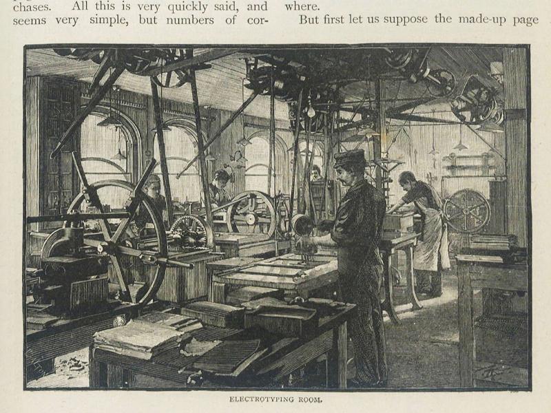 An illustration captioned electrotyping room showing several men surrounded by electrotyping equipment.
