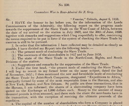 Typed text on a page titled No. 230. Commodore Wise to Rear-Admiral Sir F. Grey, dated 6 August 1858.