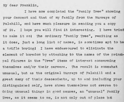 Text from a letter from Arthur Cecil Murray, 3rd Viscount Elibank, to President Franklin D. Roosevelt, starting My dear Franklin.