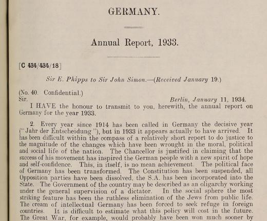 Section of a document titled “Germany. Annual Report, 1933.”