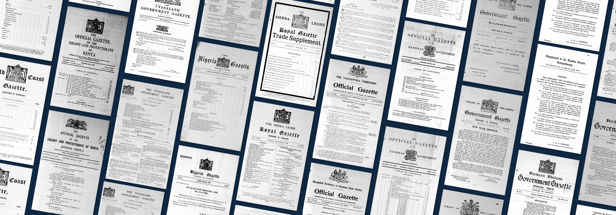 A collage of the front pages of various Government Gazettes.
