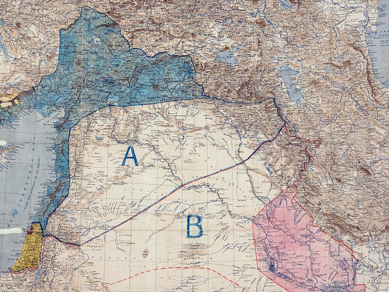 Map showing the Sykes-Picot Agreement to divide the land that had belonged to the Ottoman Empire in half, with a section marked A to go to France and a section marked B to go to Britain.