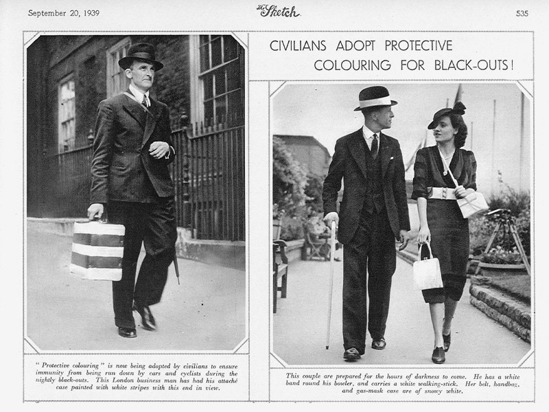 Two black and white photographs, one featuring a man and the other featuring a man and a woman, with the title Civilians adopt protective colouring for black-outs!