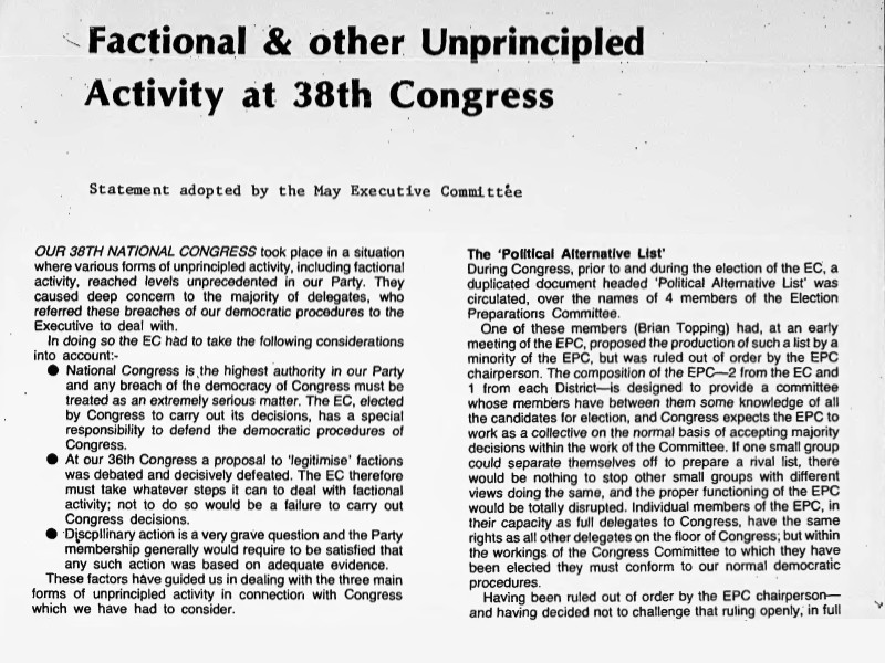 Statement titled Factional & other Unprincipled Activity at 38th Congress.