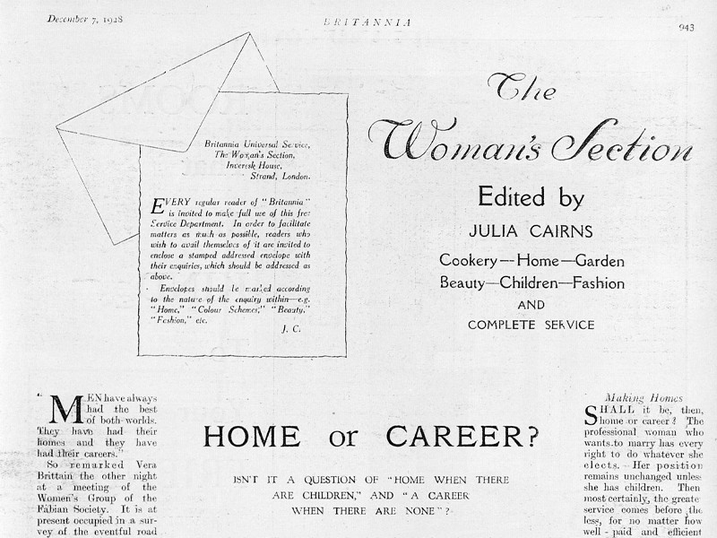 Section of The Women's Section from Britannia and Eve, featuring an article titled Home or Career?, dated 7 December 1928.