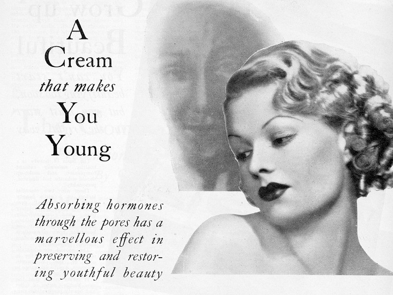 Section of an advertisement with the tagline A Cream that makes You Young, featuring a cutout photograph of a woman.