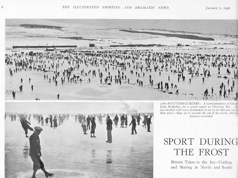 Section of an article from The Illustrated Sporting and Dramatic News titled Sporting During the Frost, dated 3 January 1936. Features two large images of lots of people ice skating.