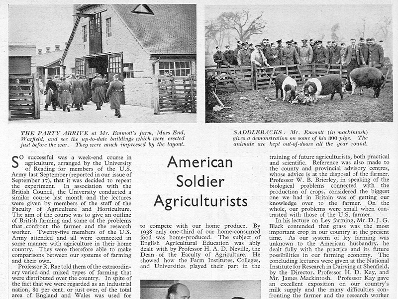 Section of an article from The Illustrated Sporting and Dramatic News titled American Soldier Agriculturists, featuring two photographs of American soldiers on a farm.