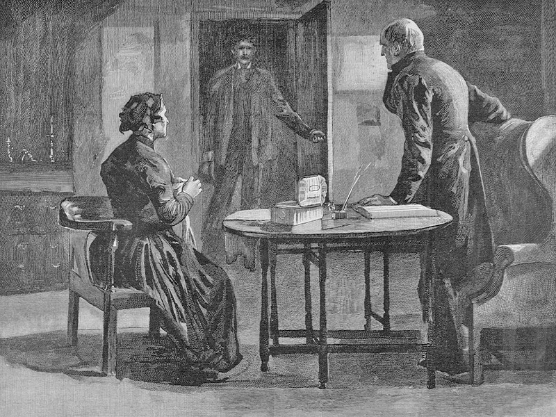 Illustration by Hubert Herkomer of a passage from Tess of the D'Urbervilles, by Thomas Hardy. In it a woman sits and a man stands at a table, while another man enters the room.
