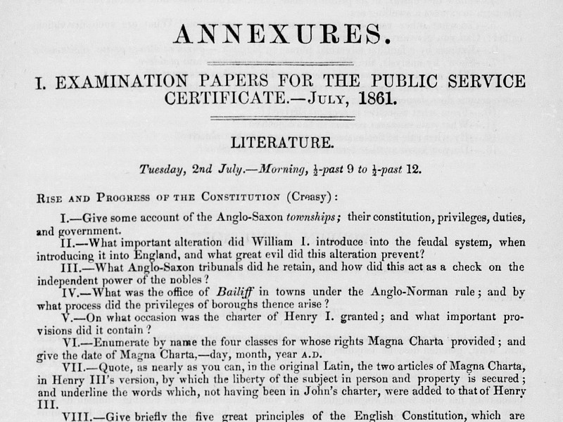 Examination Papers for the Public Service Certificate, 1861