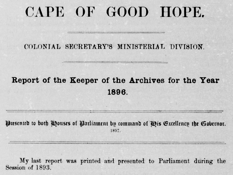 Report of the Keeper of the Archives for the Year 1896