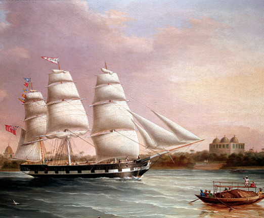 A painting of John Wood Approaching Bombay, c1850. There is a large ship with sails set against a pink sky.