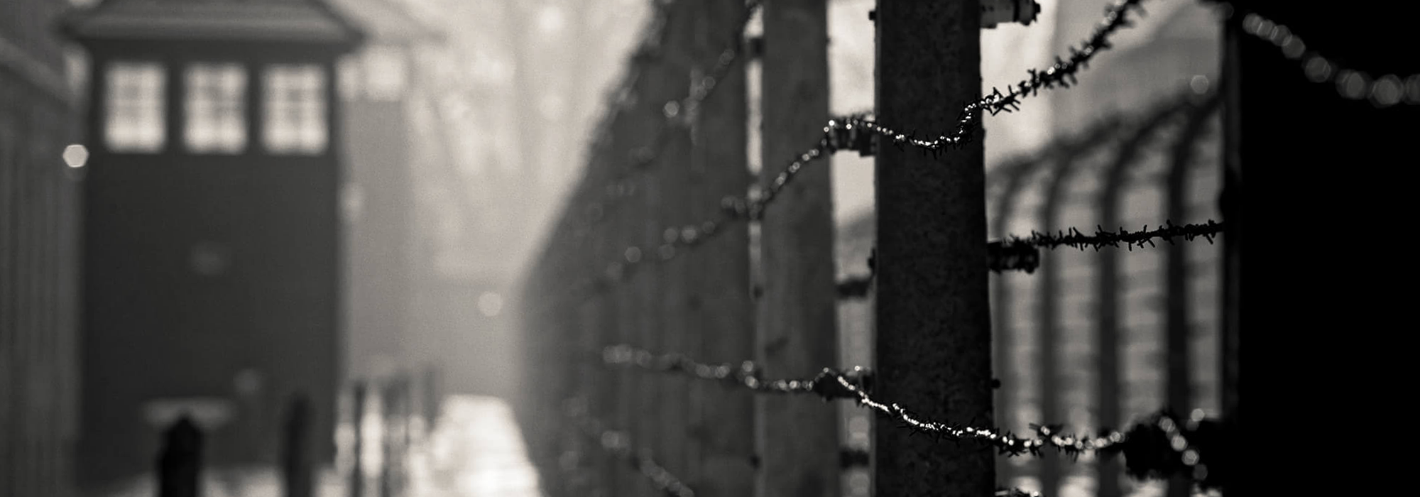 A barbed wire fence in the foreground, running parallel to a watch tower