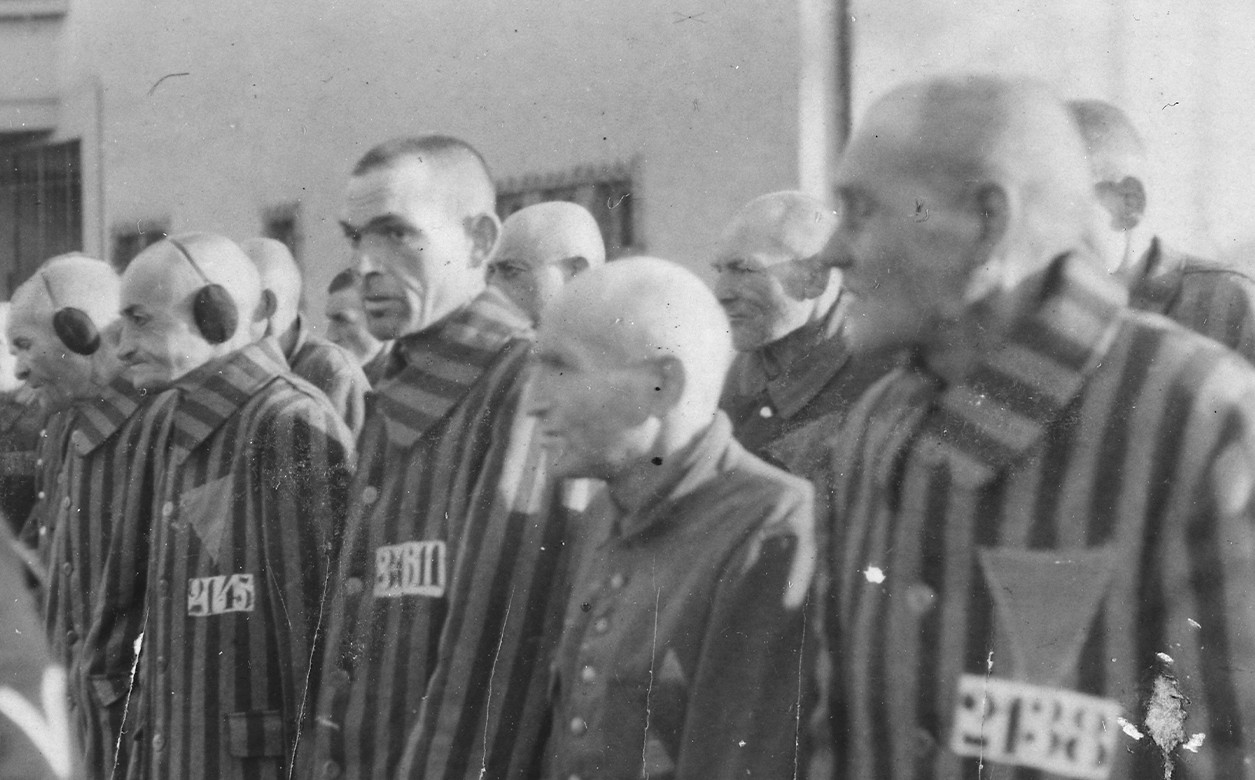 Prisoners lined up in striped clothing in the concentration camp at Sachsenhausen, Germany, December 19, 1938
