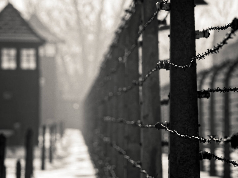 A barbed wire fence in the foreground, running parallel to a watch tower