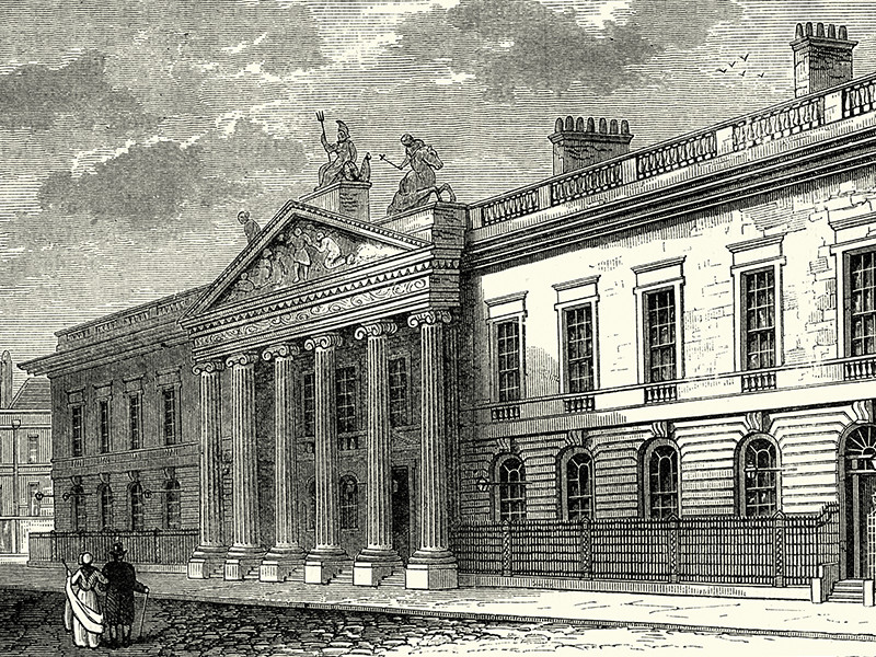 Vintage engraving of Old India Office, London, 19th Century. East India House was the London headquarters of the East India Company, from which much of British India was governed until the British government took control of the Company's possessions in India in 1858. It was located in Leadenhall Street in the City of London.
