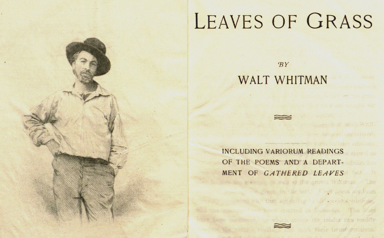 An illustration of Walt Whitman and the title page of his poetry collection Leaves of Grass