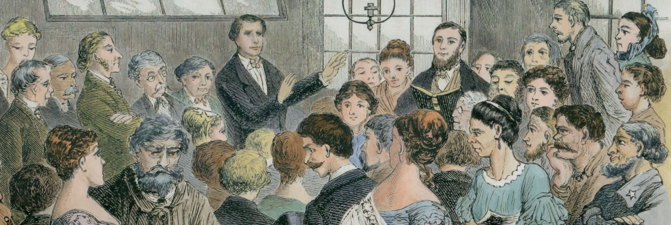 Mormon missionary seeking converts among the English lower classes, in a crowded room.