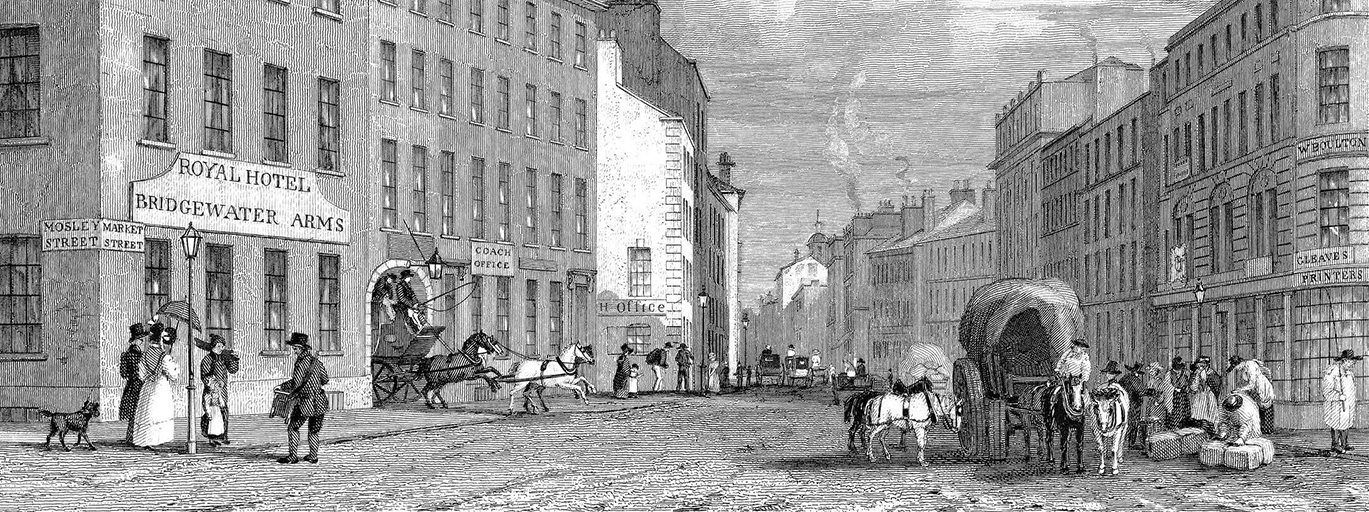 An engraving of Manchester Market Street from Piccadilly
