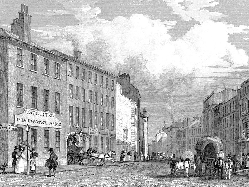 An engraving of Manchester Market Street from Piccadilly
