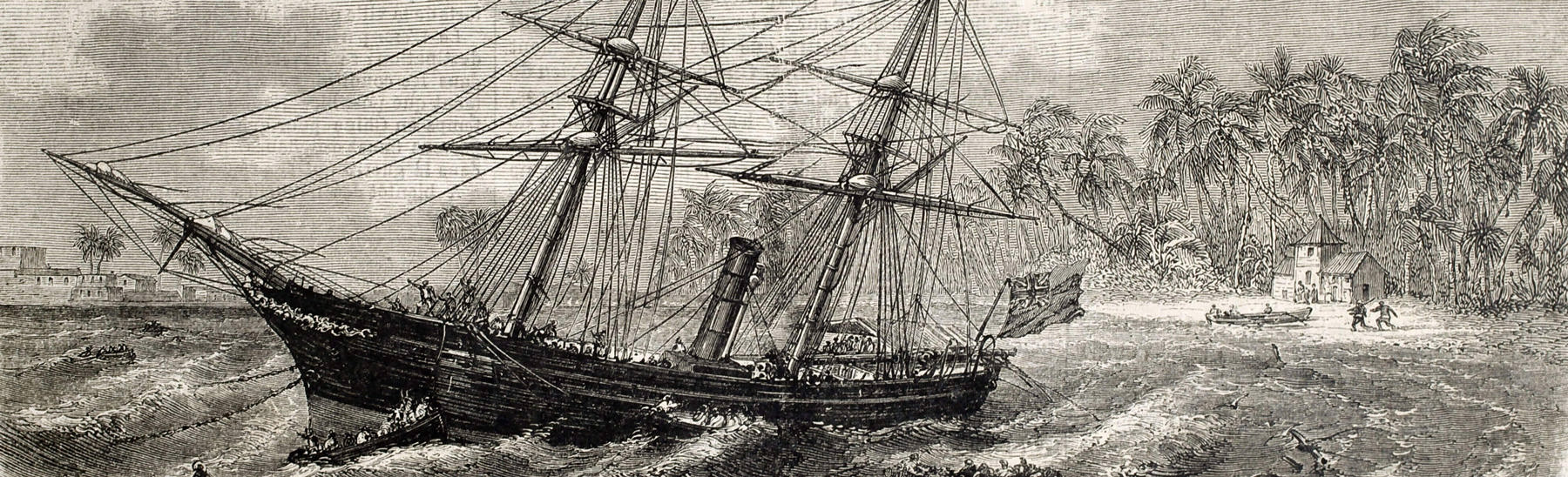 Malabar wreck on Ceylon coast. A wooden ship on choppy waters, with the coastline dotted with palm trees behind it