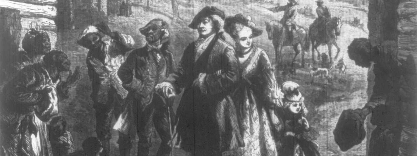 A well-dressed plantation owner and family visiting the slave quarters in Virginia