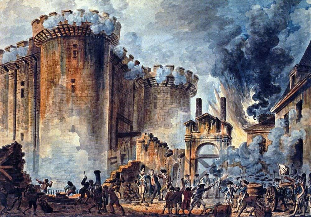 A castle is on fire. Visible in the center is the arrest of Bernard René Jourdan, marquis de Launay