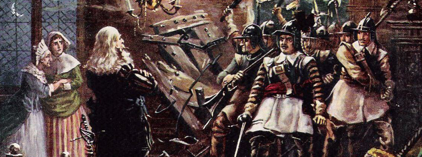Roundheads breaking into the home of a royalist. A group of men are tied up.