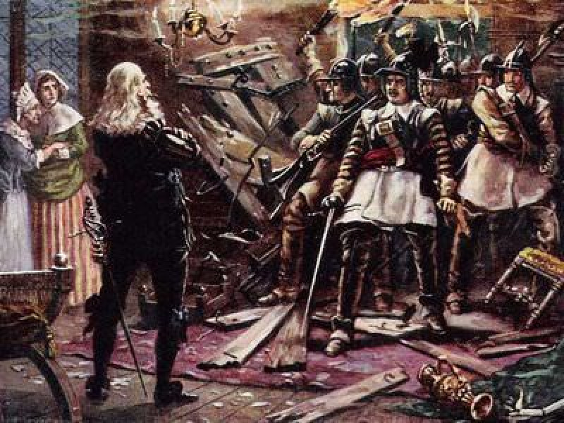 Roundheads breaking into the home of a royalist. A group of men are tied up.