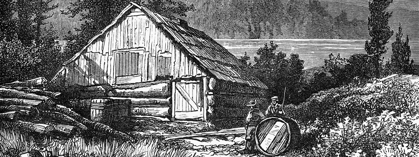 An illustration of a logging camp on Sproat's Lake, Vancouver Island