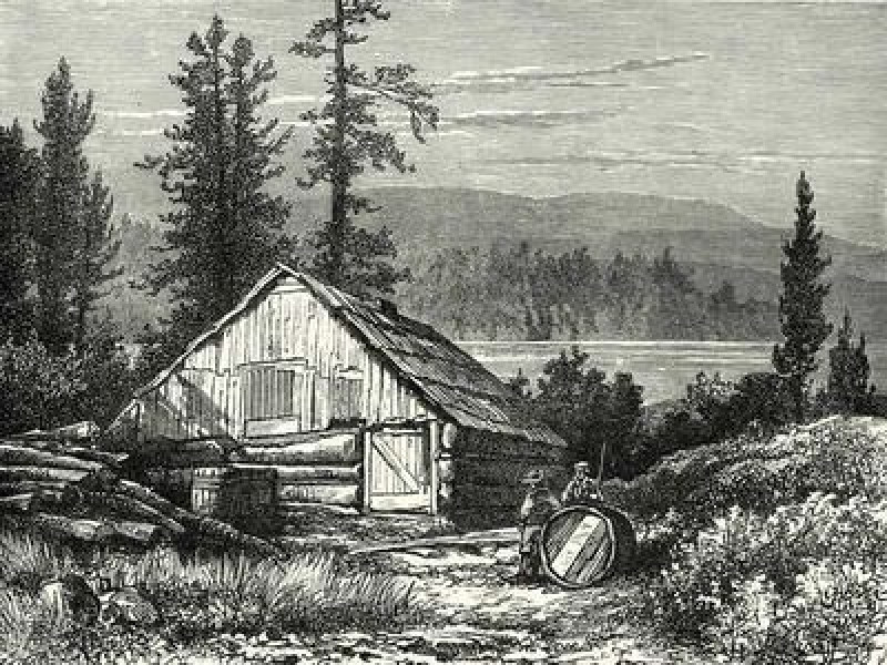 An illustration of a logging camp on Sproat's Lake, Vancouver Island