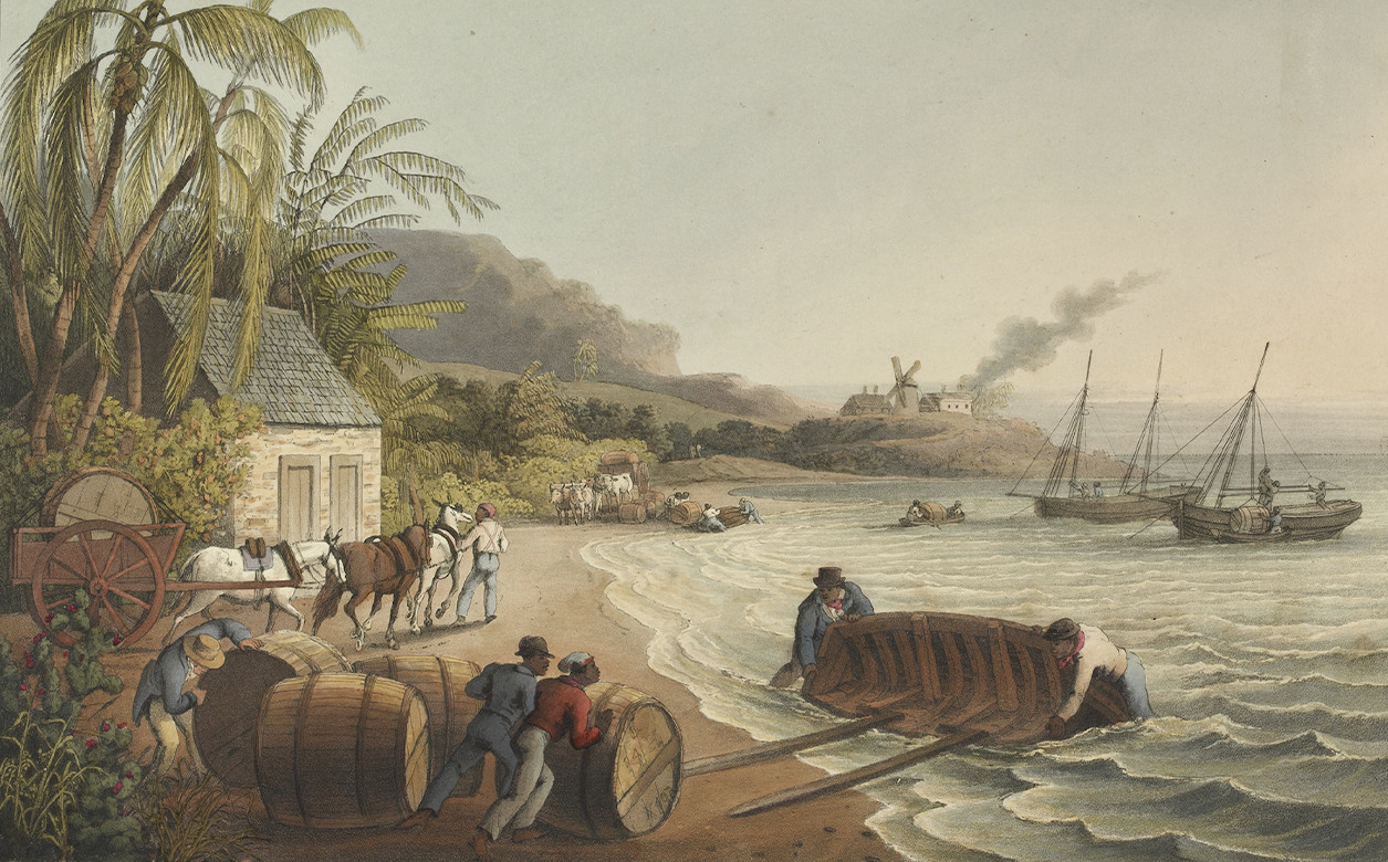 Shipping Sugar in Antigua. Men can be seen rolling barrels towards the shore where a boat awaits.